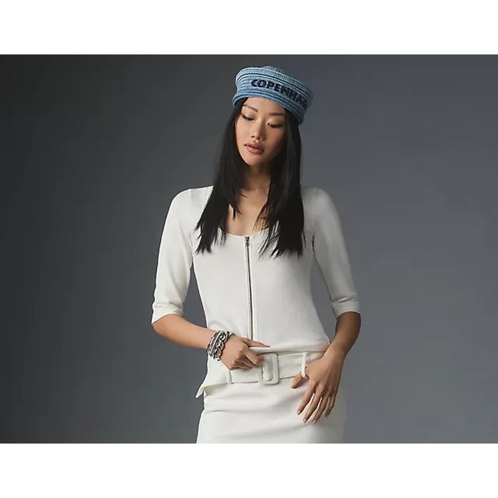 Anthropologie Maeve Top Womens Large White Ribbed Front Zip Neutral Minimalist